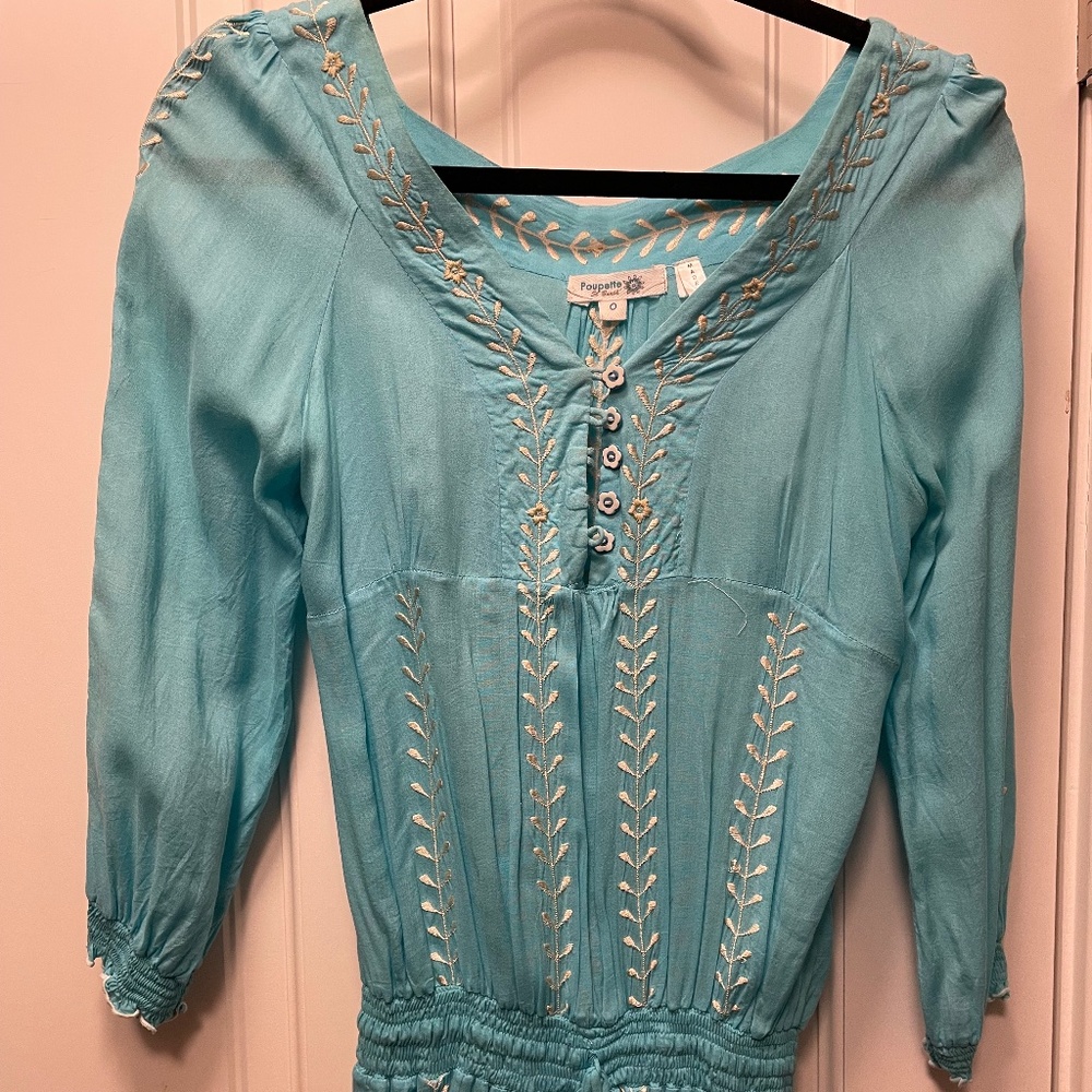 Poupette St. Barts turquoise romper with embroidered detail size 0